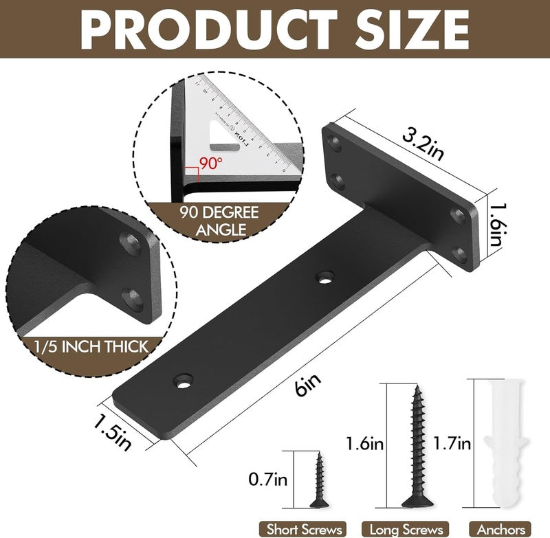 MIUGO Heavy Duty Shelf Bracket 4 Pack, Floating Shelf Brackets 6 inch Long, Brackets for Shelves, Black Coated Metal Wall Shelf Support Brackets（1/5"-Thick） - Image 3